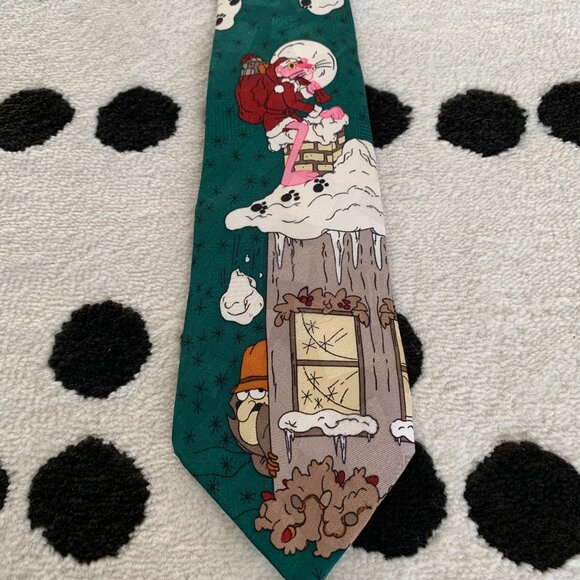 Vintage 1993 Pink Panther Christmas Tie Green Silk Inspector Clouseau Retro - Picture 3 of 8